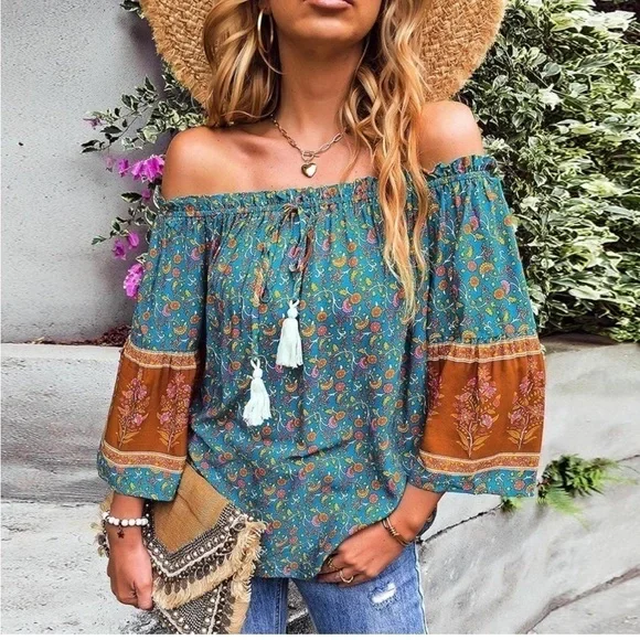 Women's Off The Shoulder Tassel Tie Bohemian Blouse Size Large NWOT - Picture 1 of 11